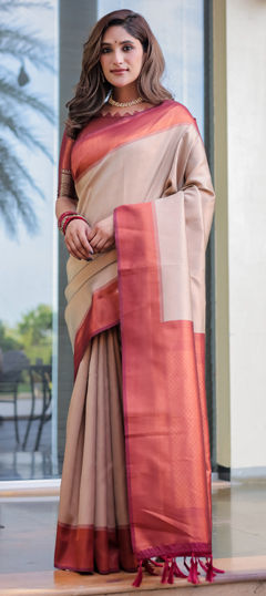 Beige and Brown color Saree in Kanjeevaram Silk fabric with Weaving, Zari work