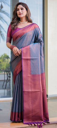 Blue color Saree in Kanjeevaram Silk fabric with Weaving, Zari work