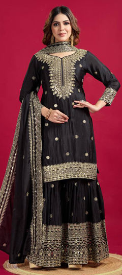 Black and Grey color Salwar Kameez in Silk fabric with Embroidered, Sequence, Thread work