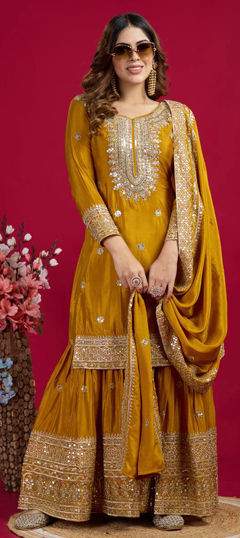 Yellow color Salwar Kameez in Silk fabric with Embroidered, Sequence, Thread work