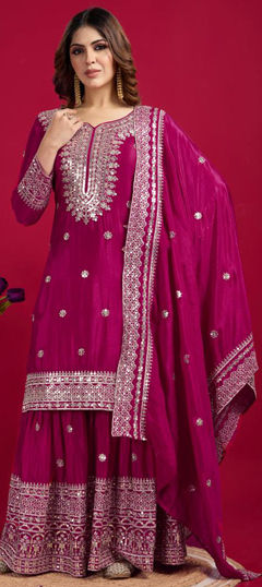 Pink and Majenta color Salwar Kameez in Silk fabric with Embroidered, Sequence, Thread work