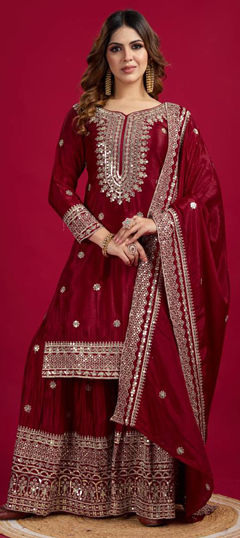 Red and Maroon color Salwar Kameez in Silk fabric with Embroidered, Sequence, Thread work