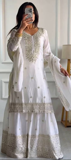 White and Off White color Salwar Kameez in Silk fabric with Embroidered, Sequence, Thread work