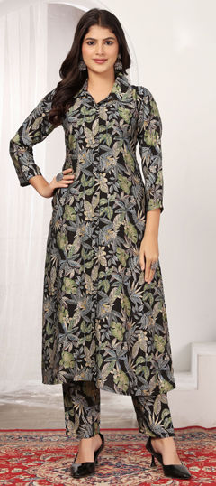 Black and Grey color Salwar Kameez in Chanderi Silk fabric with Digital Print work