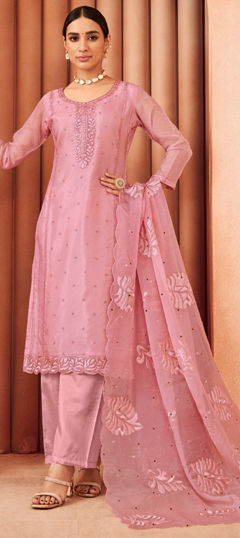 Pink and Majenta color Salwar Kameez in Organza Silk fabric with Embroidered, Resham, Thread work