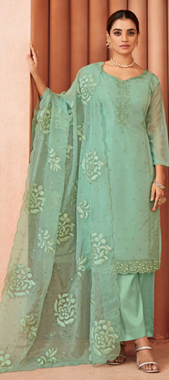 Green color Salwar Kameez in Organza Silk fabric with Embroidered, Resham, Thread work