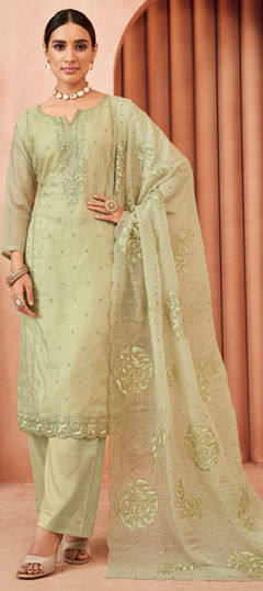 Green color Salwar Kameez in Organza Silk fabric with Embroidered, Resham, Thread work