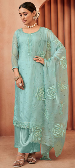 Blue color Salwar Kameez in Organza Silk fabric with Embroidered, Resham, Thread work