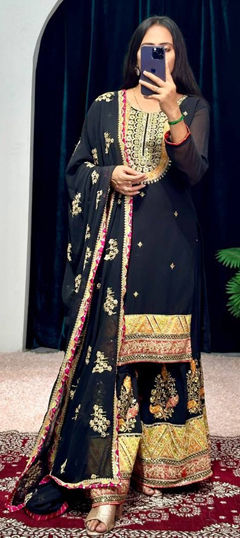 Black and Grey color Salwar Kameez in Faux Georgette fabric with Embroidered, Mirror, Stone work