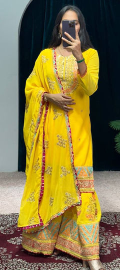 Yellow color Salwar Kameez in Faux Georgette fabric with Embroidered, Mirror, Stone work