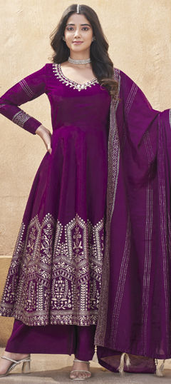 Black and Grey color Salwar Kameez in Silk fabric with Foil Print, Mirror work