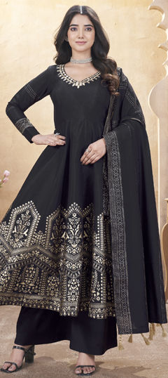 Black and Grey color Salwar Kameez in Silk fabric with Foil Print, Mirror work