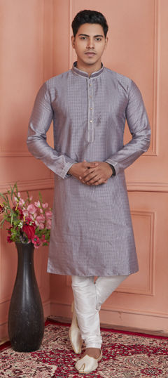 Black and Grey color Kurta Pyjamas in Jacquard fabric with Thread work