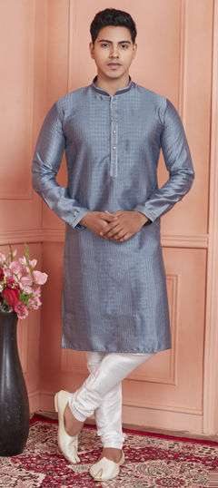 Black and Grey color Kurta Pyjamas in Jacquard fabric with Thread work