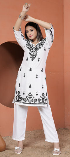 White and Off White color Salwar Kameez in Rayon fabric with Embroidered, Resham, Thread work