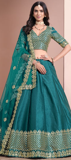 Blue color Lehenga in Art Silk fabric with Sequence, Thread work