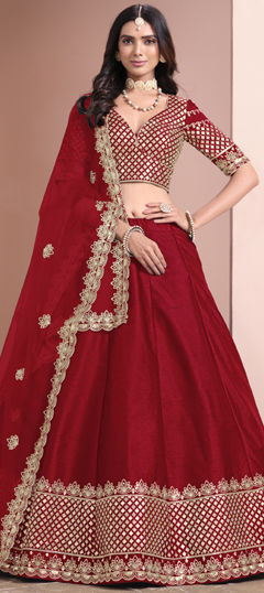 Red and Maroon color Lehenga in Art Silk fabric with Sequence, Thread work