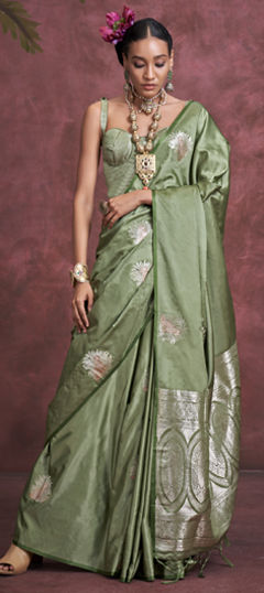 Green color Saree in Satin Silk fabric with Weaving, Zari work