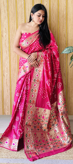 Pink and Majenta color Saree in Silk fabric with Bandhej, Printed, Weaving work