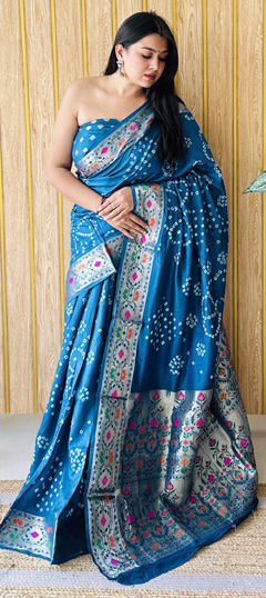 Blue color Saree in Silk fabric with Bandhej, Printed, Weaving work