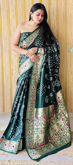 Green color Saree in Silk fabric with Bandhej, Printed, Weaving work