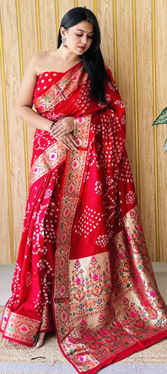 Orange color Saree in Silk fabric with Bandhej, Printed, Weaving work