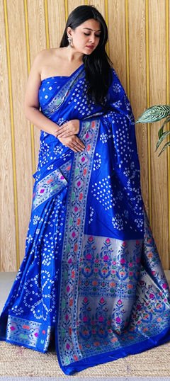 Blue color Saree in Silk fabric with Bandhej, Printed, Weaving work