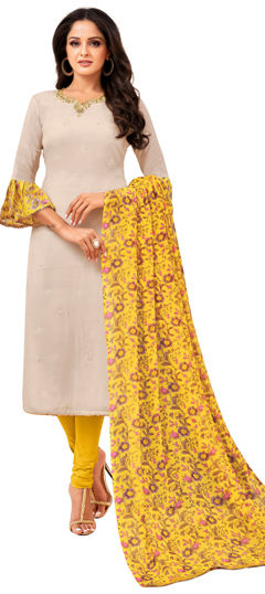 Beige and Brown color Salwar Kameez in Cotton fabric with Embroidered, Thread, Zari work