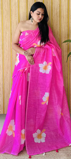 Pink and Majenta color Saree in Linen fabric with Digital Print, Floral work