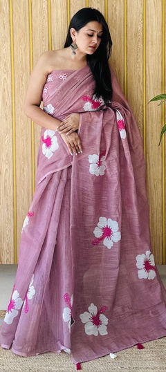 Purple and Violet color Saree in Linen fabric with Digital Print, Floral work