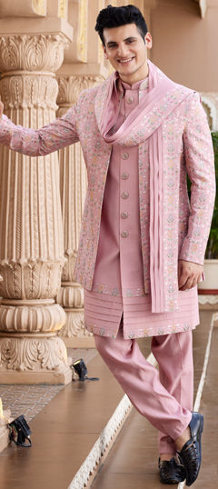 Pink and Majenta color IndoWestern Dress in Art Silk fabric with Embroidered, Resham, Sequence, Thread work