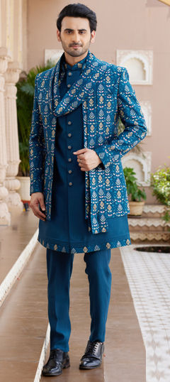 Blue color IndoWestern Dress in Art Silk fabric with Embroidered, Resham, Sequence, Thread work