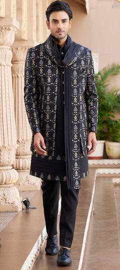Black and Grey color IndoWestern Dress in Art Silk fabric with Embroidered, Resham, Sequence, Thread work