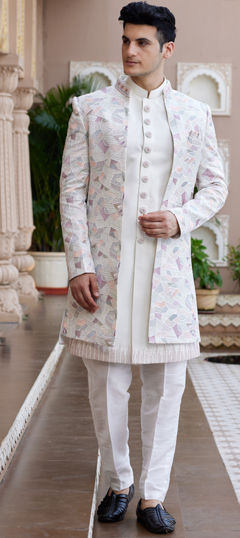 Beige and Brown color IndoWestern Dress in Art Silk fabric with Embroidered, Resham, Sequence, Thread work