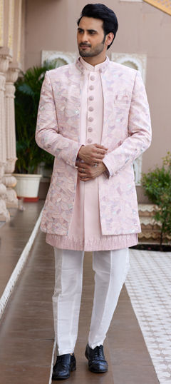 Pink and Majenta color IndoWestern Dress in Art Silk fabric with Embroidered, Resham, Sequence, Thread work