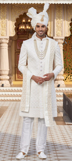White and Off White color Sherwani in Art Silk fabric with Bugle Beads, Embroidered, Resham, Sequence, Thread work