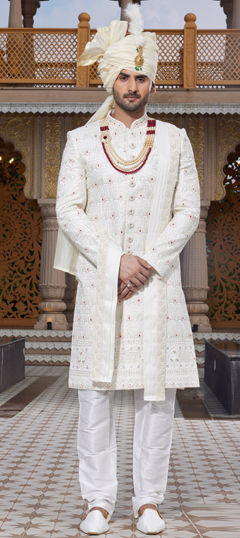 White and Off White color Sherwani in Art Silk fabric with Bugle Beads, Embroidered, Resham, Sequence, Thread work