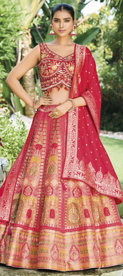 Pink and Majenta color Lehenga in Silk fabric with Embroidered, Mirror, Printed, Thread, Weaving, Zari work