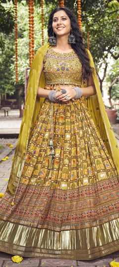 Yellow color Lehenga in Silk fabric with Embroidered, Mirror, Thread, Weaving, Zari work