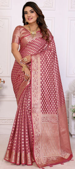 Pink and Majenta color Saree in Organza Silk fabric with Weaving, Zari work