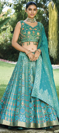 Blue color Lehenga in Silk fabric with Embroidered, Mirror, Thread, Weaving, Zari work