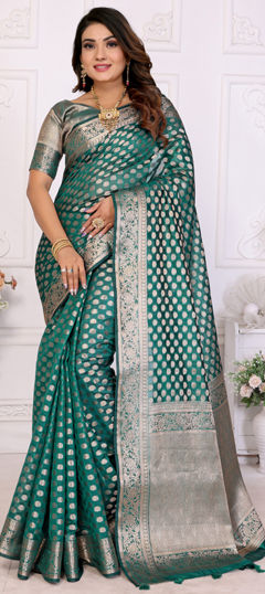 Green color Saree in Organza Silk fabric with Weaving, Zari work