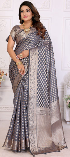 Black and Grey color Saree in Organza Silk fabric with Weaving, Zari work