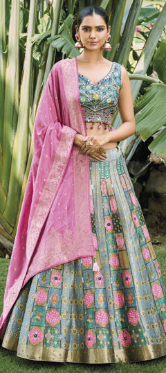 Blue, Pink and Majenta color Lehenga in Silk fabric with Embroidered, Mirror, Thread, Weaving, Zari work