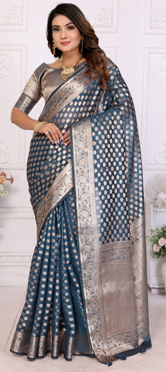 Blue color Saree in Organza Silk fabric with Weaving, Zari work