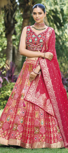 Red and Maroon color Lehenga in Silk fabric with Embroidered, Mirror, Thread, Weaving, Zari work