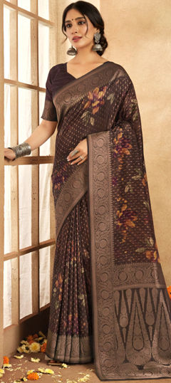 Beige and Brown color Saree in Silk fabric with Floral, Printed, Weaving work