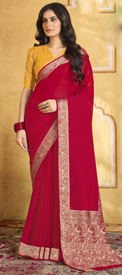 Pink and Majenta color Saree in Chiffon fabric with Weaving, Zari work