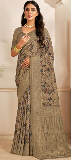 Beige and Brown color Saree in Silk fabric with Floral, Weaving, Zari work