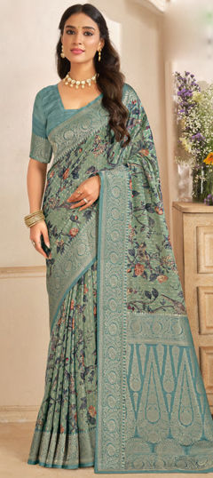 Green color Saree in Silk fabric with Floral, Weaving, Zari work